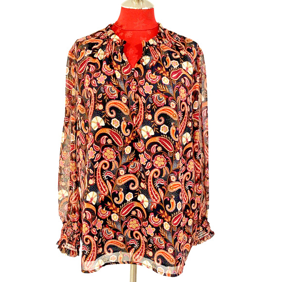 Loft Boho Peasant Style Blouse Size XL Sheer Multicolor Mod Paisley Casual Top - Picture 1 of 13